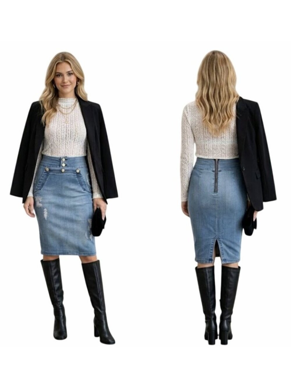 ⭐Bebe Womens High Waist Denim Pencil Midi Skirt Sz 27 Gold Buttons Back Zip